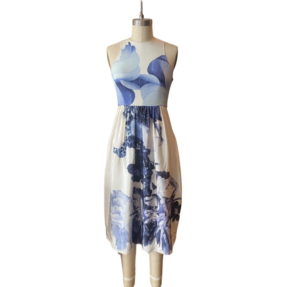 Tibi Blue and White Print Silk Midi Dress Size 0